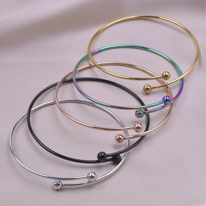Minimalist Fashion Smooth Beads Open Adjustable Bangle Stainless Steel Bracelet For Women Femme Handmade Jewelry Gifts Supplies