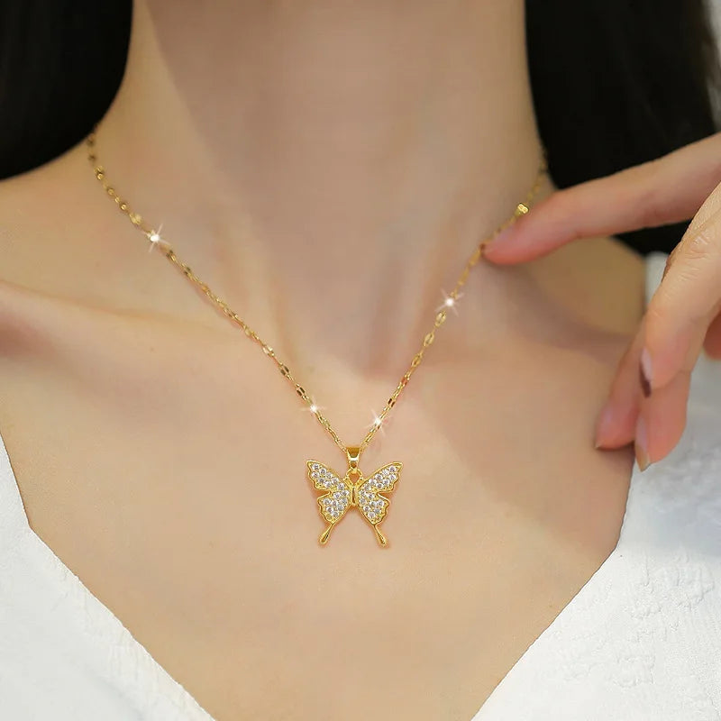 OIMG 316L Stainless Steel Gold Plated Charm Rhinestone Butterfly Pendant Neckalce For Women Girls Wedding Party Elegant Jewelry
