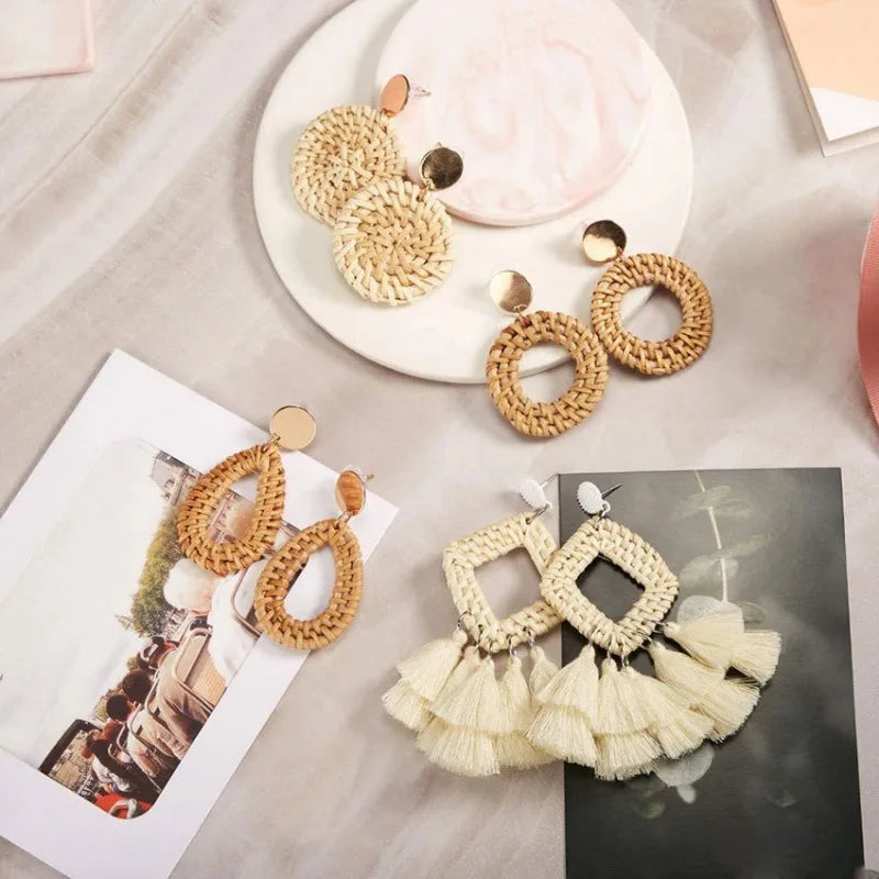 4 Pairs Handmade Raffia Rattan Bohemian Round Drop Dangle Earrings for Women, Boho Statement Cute Fun Hoop Earrings Set