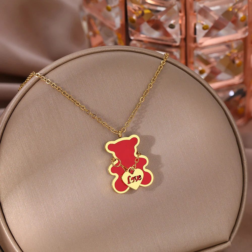 Hemasa Stainless Steel Necklaces Cute Bear Pendants Valentine's Day Choker Chic Necklace For Women Jewelry
