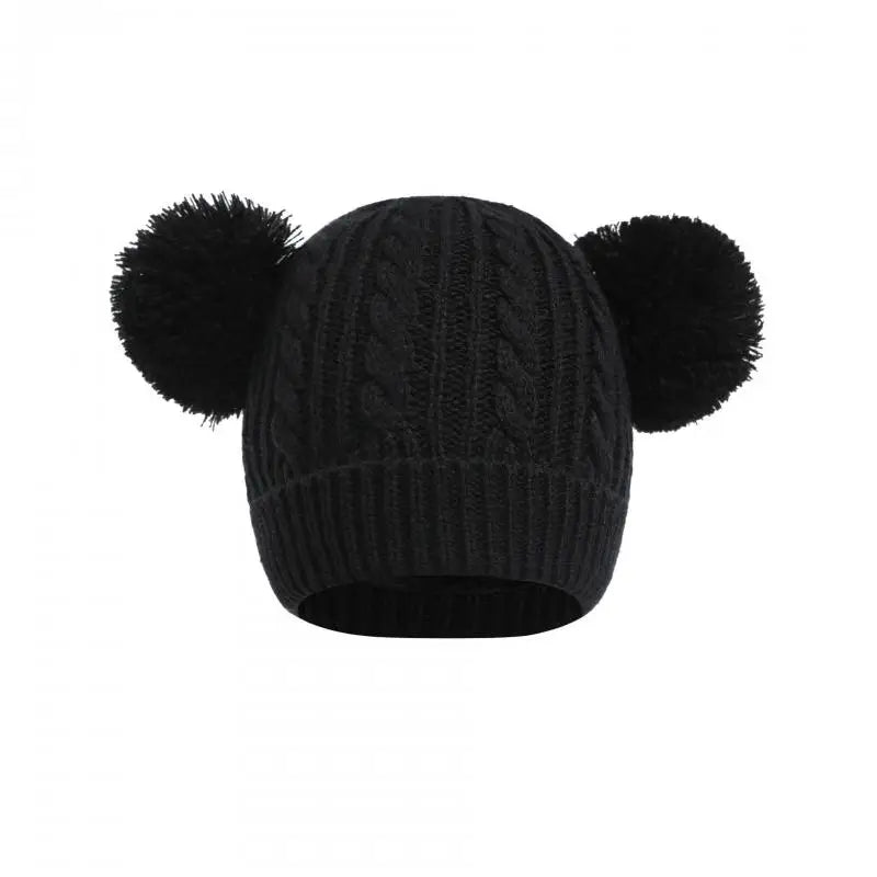 Autumn Winter Knitted Hat for Baby Boys Double Pompom Plus Velvet Beanie Girls Keep Warm Hats Kids Accessories 4-6 Years Old