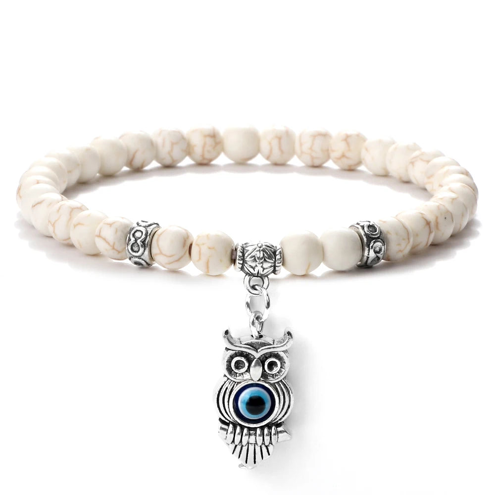 6 8mm Chakra Beads Men Bracelets Charm Owl Evil Eye Pendant Classic Tiger Eye Stone Agate Quartz Malachite Women Yoga Jewelry