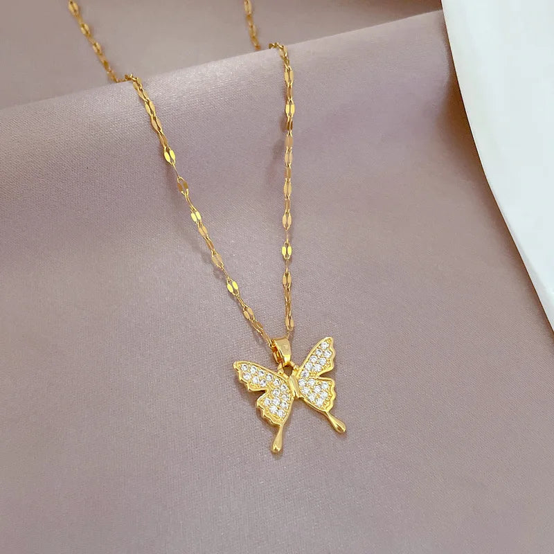 OIMG 316L Stainless Steel Gold Plated Charm Rhinestone Butterfly Pendant Neckalce For Women Girls Wedding Party Elegant Jewelry