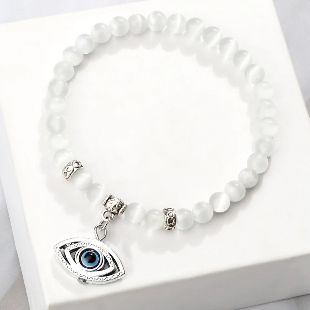 6 8mm Natural Cat Eye Stone Bracelet White Opal Beads Butterfly Hand Of Fatima Women Bracelets & Bangles Lucky Evil Eye Jewelry