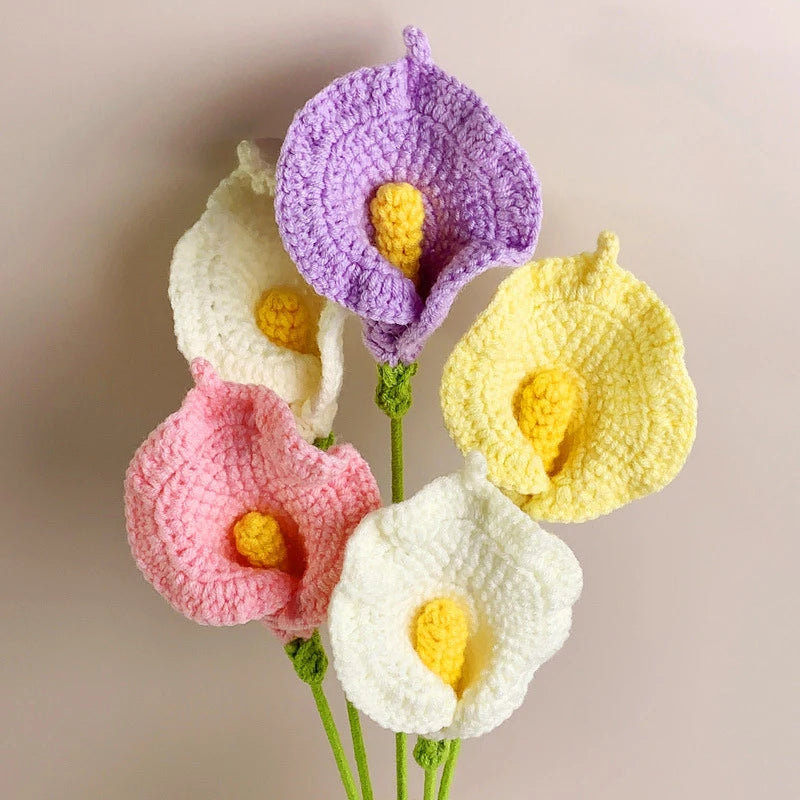 Hemasa  4Pcs Handmade Crochet Flowers Hand-knitted Calla Lily Artificial Flower Fake Flower Bouquet Wedding Decoration Home Decor