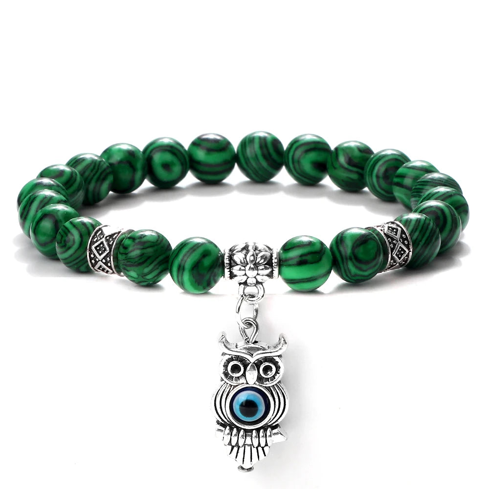 6 8mm Chakra Beads Men Bracelets Charm Owl Evil Eye Pendant Classic Tiger Eye Stone Agate Quartz Malachite Women Yoga Jewelry