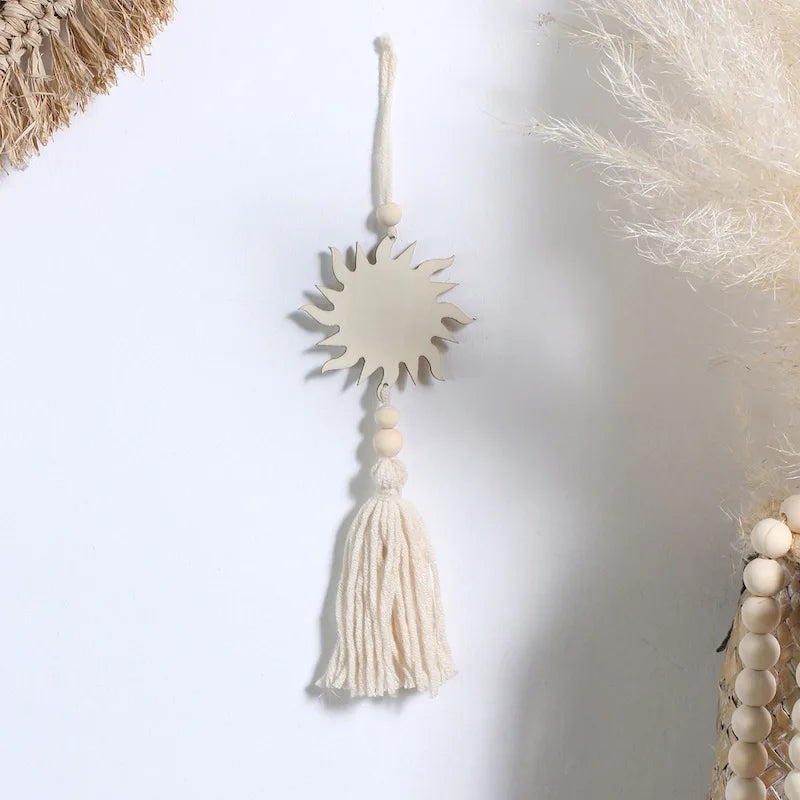 Wooden Moon Phase Wall Hanging Ornament with Tassel Wood Ramadan Home Decoration Sun Moon Star Pendant Boho Room Decor