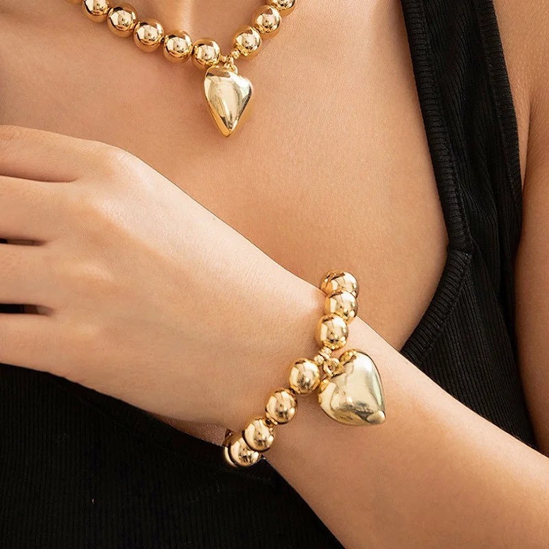 New Original Solid 316L Stainless Steel Beads Chain Bracelet Heart Pendant for Men Women IP Gold Plated Metal Jewelry Gift