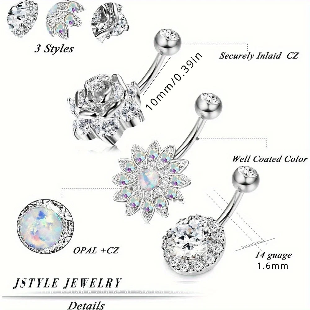 IRONBOX 1Pc 14G Stainless Steel Belly Button Rings Barbell Navel Ring Bar for Women and Men with CZ Flower Body Piercing Jewelry