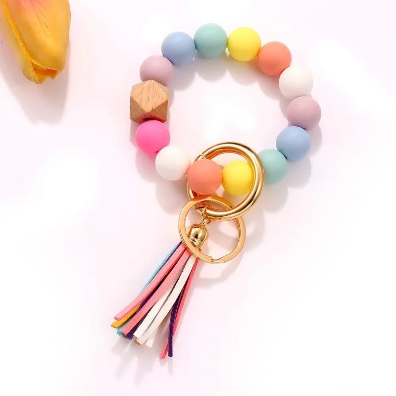 Silicone Key Ring Bracelet Beaded Wrislet Keychain Portable House Car Keys Ring