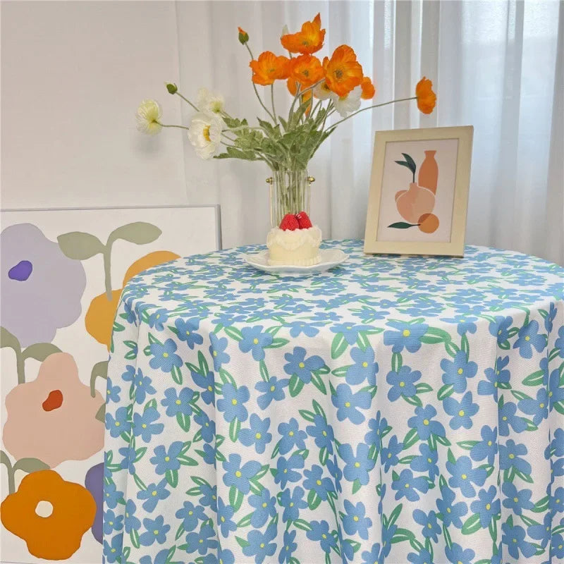 Korean Style Round Lattice Flower Tablecloth Floral Table Cloth for Dining Table Tea Coffee Table Cover Picnic Kitchen Decor