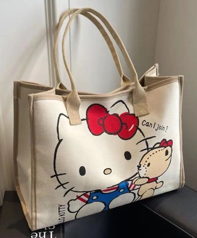 Hemasa Hello Kitty Canvas Bag Tote Bag Shoulder Storage makeup Pouch Anime Handbag Travel Shopping Bag Kid Schoolbag Girl Gift