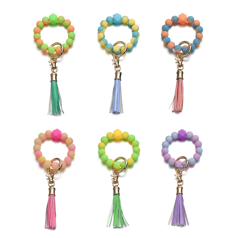 Silicone Beads Keychain Keyring For Women Wristlet Bracelet Tassels Pendant Keychain Jewelry Accessory glows in the dark