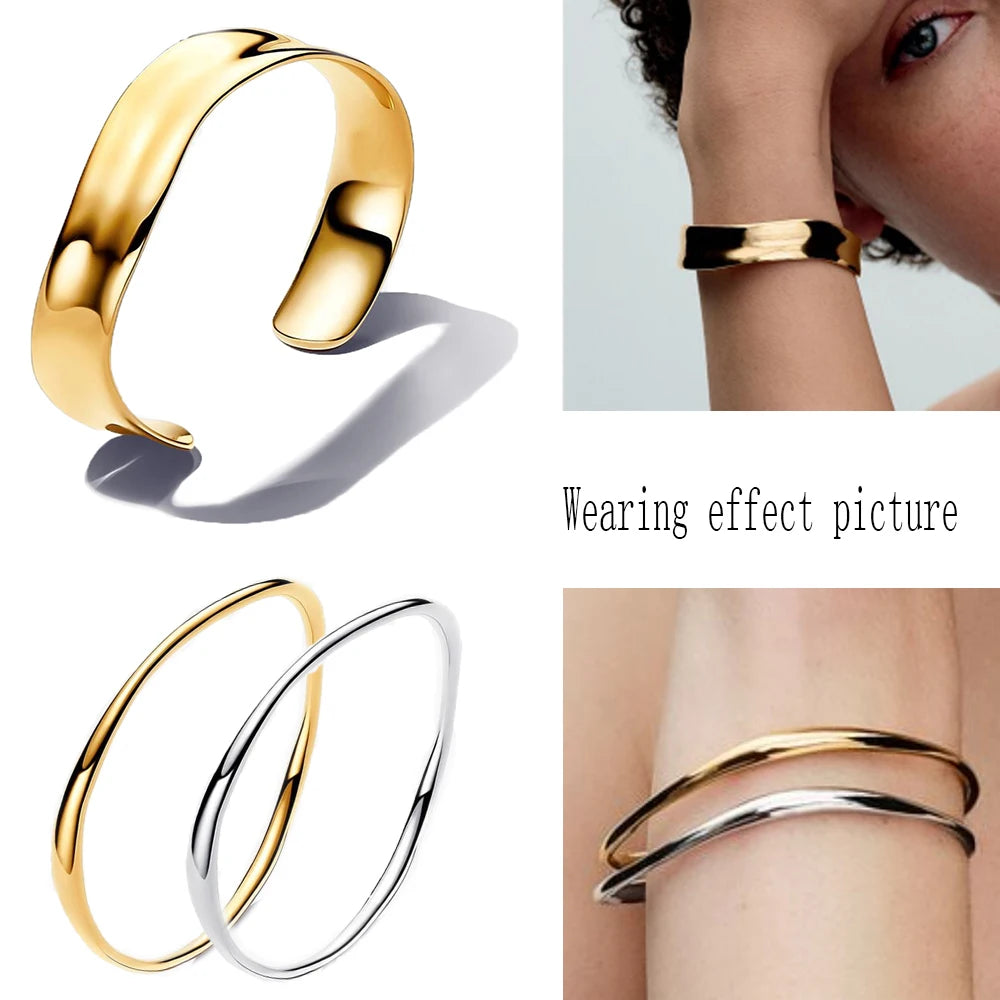 New Product 925 Sterling Silver Organically Shaped Broad Open Bangle&Gold and Silver Two Tone Delicate Bracelet