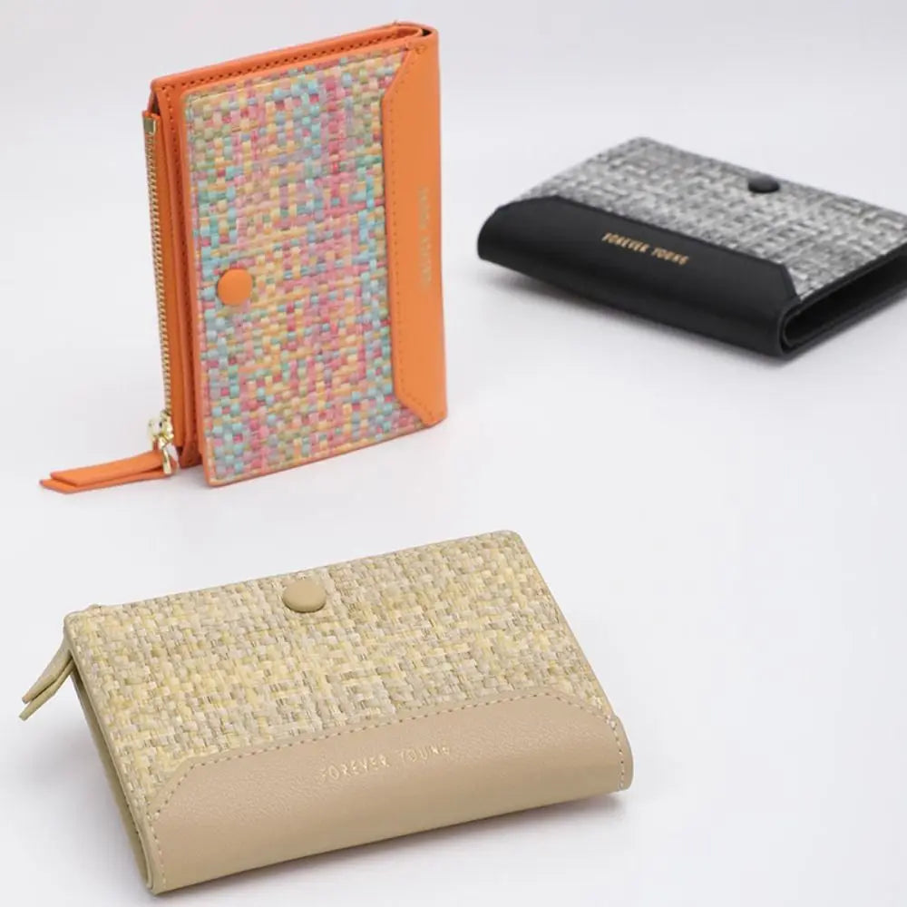 Small Short Wallet New Snap Button Pu Leather Coin Purse Woven Pattern Change Purse Female