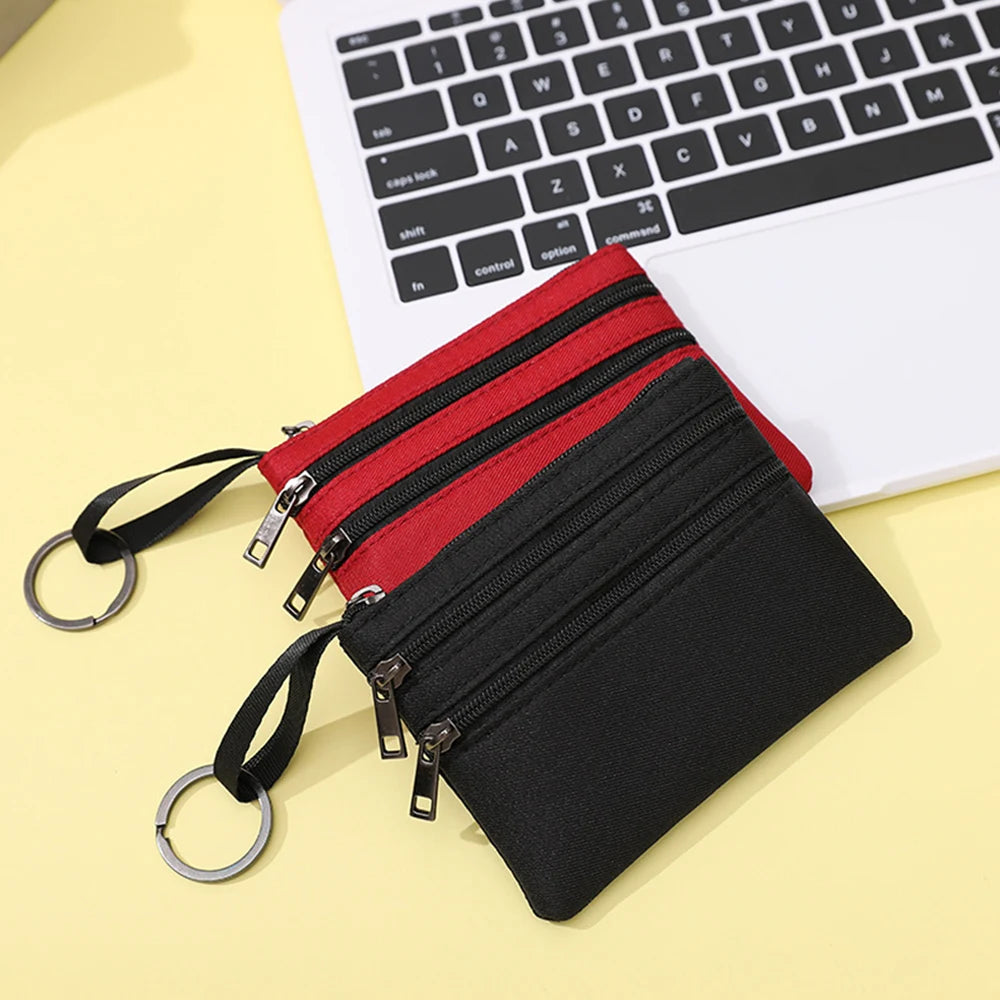 Mini Solid Coin Purse Canvas Hanging Bag Wallet 3 Zippers Coin Pouch Bag Women Girls Card Holder Short Wallet Fashion Potable