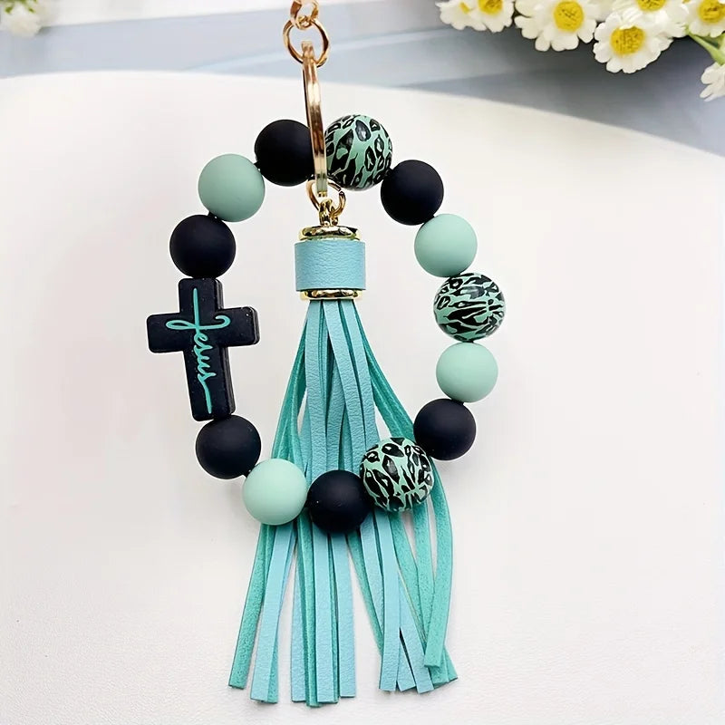 One Cross Silicone Rubber Paint Round Bead Bracelet Keychain