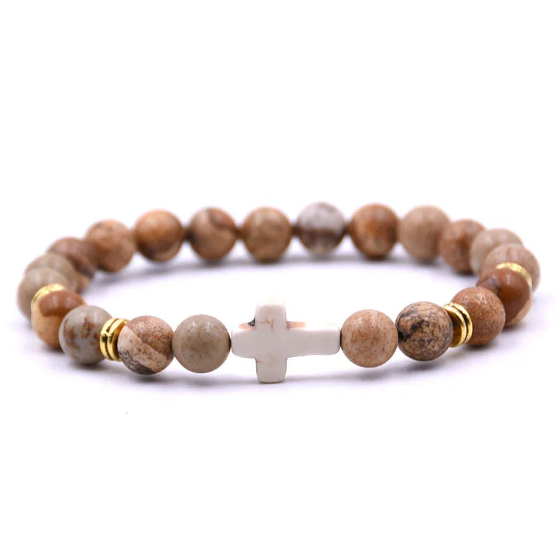 8mm beads Natural Stone bracelets for women Elasticity Yoga Cross Charms Bracelet Men jewelry pulseiras