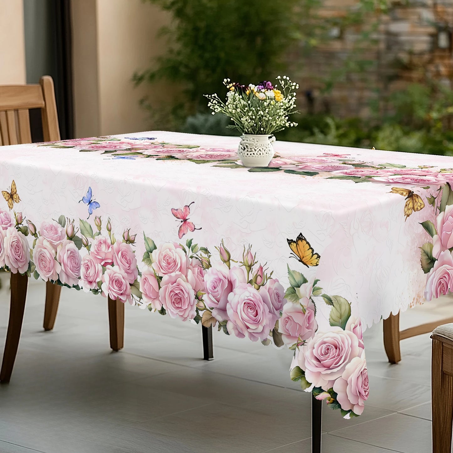 Spring Pink Rose Flowers Linen Tablecloth Wedding Party Decor Seasonal Floral Butterfly Table Cloths Mother's Day Decorations