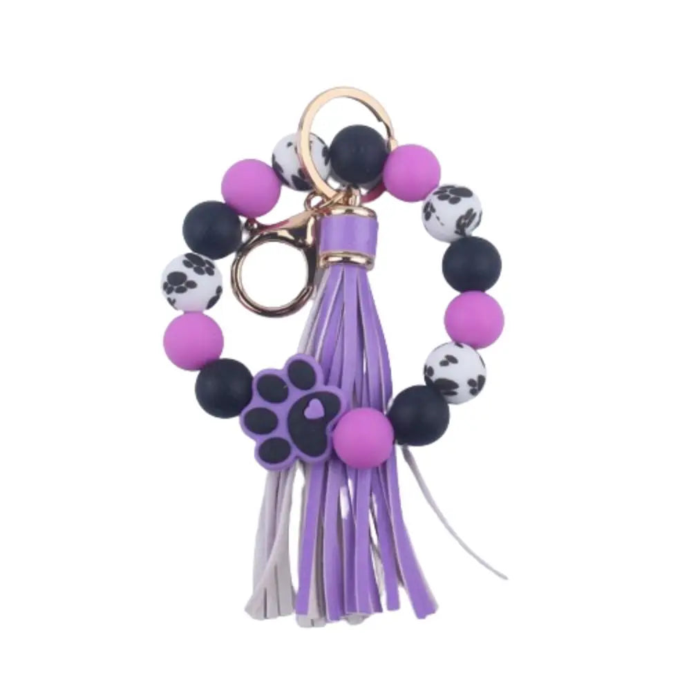 Creative Wristlet Keychain Portable Silicone Beaded Dog Claw Pendant Bracelet with Leather Tassel English Alphabet