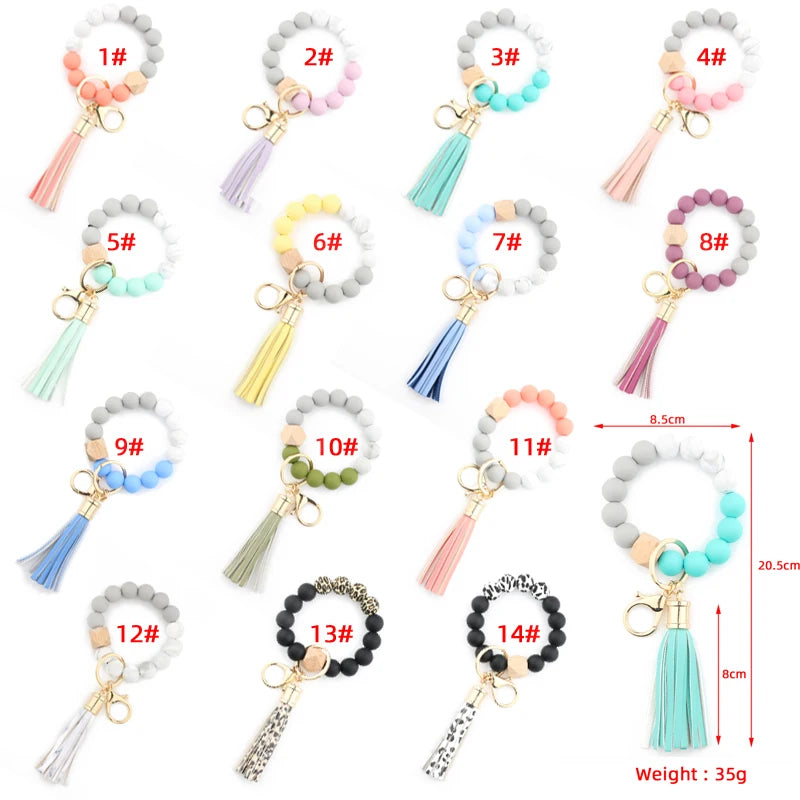 Silicone Beads Elastic Bangle Bracelet Keychain Women's bracelet gift Leather Tassel Silicone Beads Bracelet Wristlet Keychain