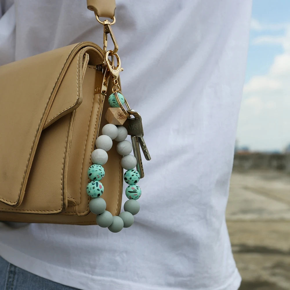 Silicone Wristlet Keychain Bracelet Car Beaded Key Ring Silicone Keychain Beaded Bangle for Women - E