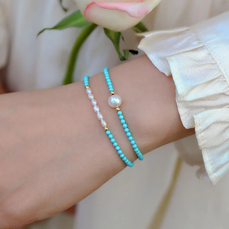 Minar Unusual Multiple Rice Freshwater Pearl Red Agate Turquoise Natural Stone Beads Beaded Strand Bracelets for Women Female