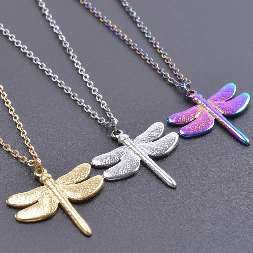 Hot Sale Dragonfly Rainbow Charms Stainless Stee Pendant Punk Necklace for Women/Men Choker Long Chain Female Jewelry Gifts