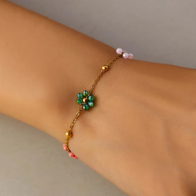 New Simple Colorful Crystal Flower Bracelet For Women Girls Korean Sweet Cute Gold Color Bracelets Best Friend Jewelry Gifts