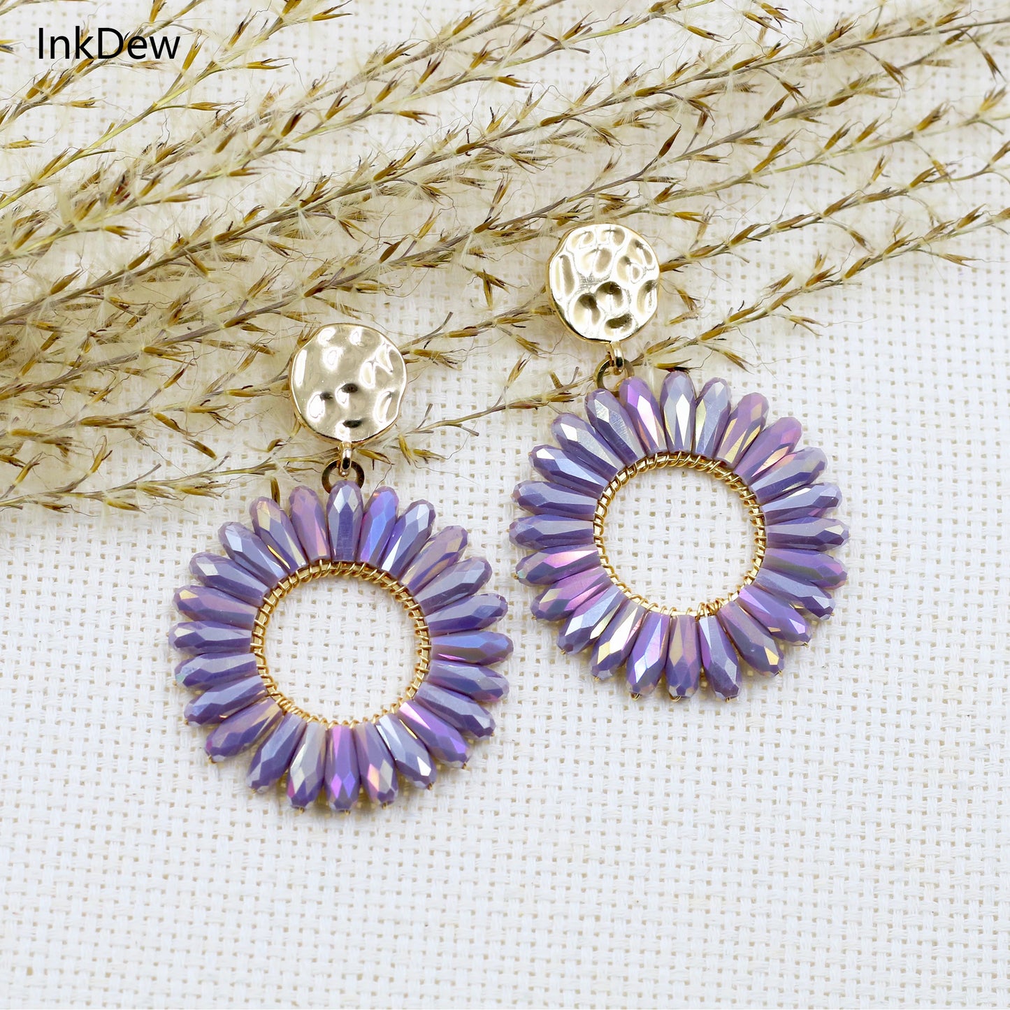 INKDEW Sun Flower Round Drop Earrings for Women Big Long Earrings Handmade Crystal Faceted Beads Earrings Jewelry Gift EA113