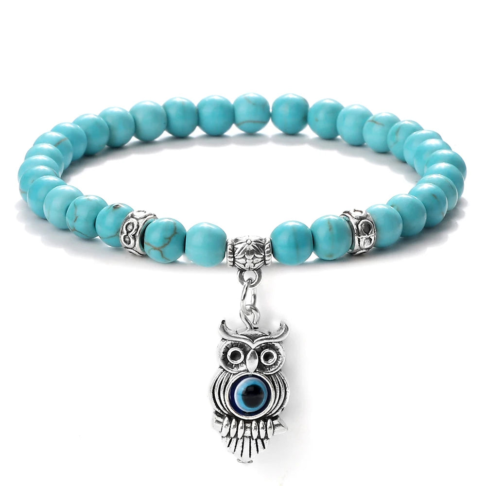 6 8mm Chakra Beads Men Bracelets Charm Owl Evil Eye Pendant Classic Tiger Eye Stone Agate Quartz Malachite Women Yoga Jewelry