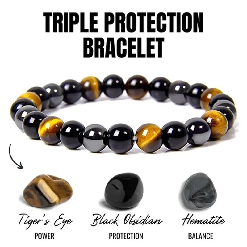 Hemasa Tiger Eye and Obisidian Natural Stone Bead Bracelet