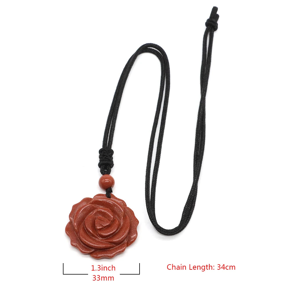 Hemasa 30mm Rose Flower Stone Pendant Necklace/ Natural Healing Crystals Amethyst Tiger Eye Agate Bead Neckalce