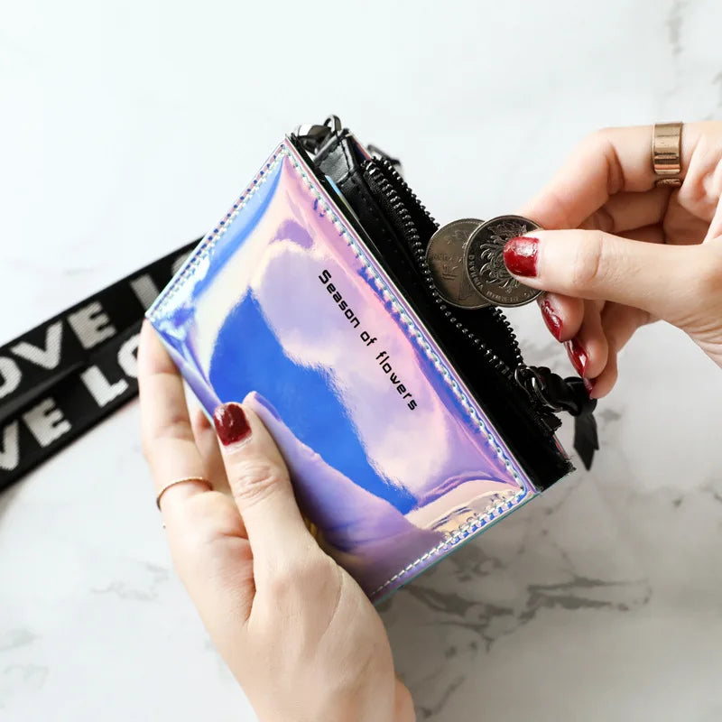 New Lanyard Laser Holographic Wallet Women Wallets Lady Short Purse Portfel Card Holder Women's Small Wallet Coin Purse Carteras