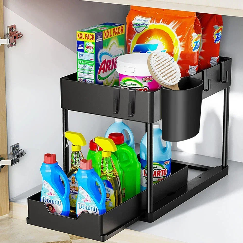 Hemasa 2 Floors Lower Sink Organizer Sliding Cabinet Basket Organizer Storage Shelf Hanger Hanging Cup Bathroom Kitchen Organizer