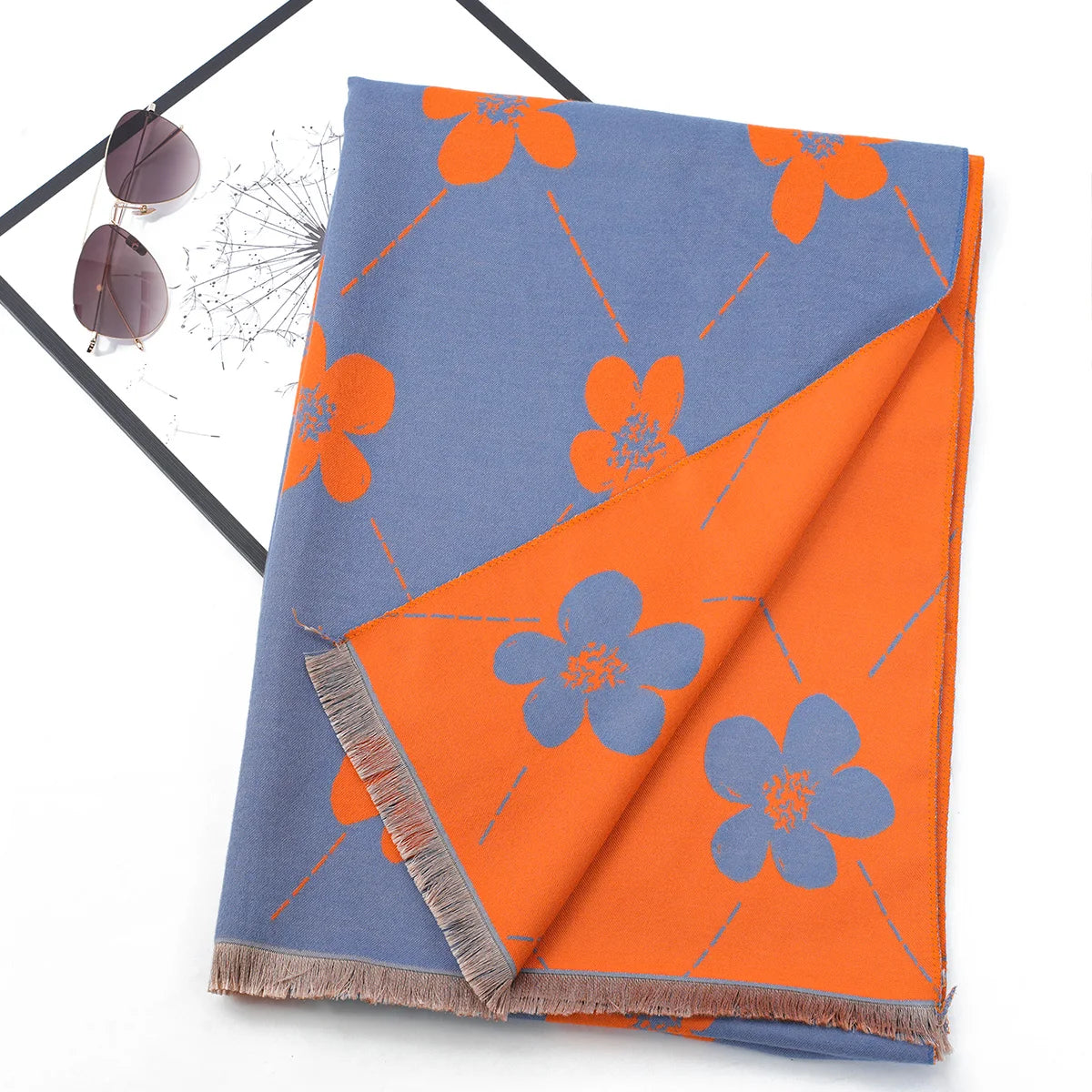 Hot selling imitation cashmere face dual color flower jacquard pashmina long style soft and warm casual short beard scarf shawl