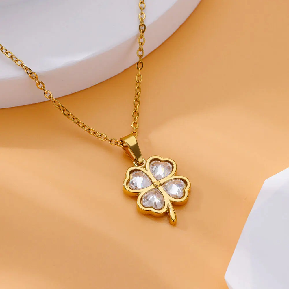 Hemasa White Zircon Four Leaf Clover Pendant Stainless Steel Necklaces For Women Aesthetic Chain Necklace Christmas Gift For Women