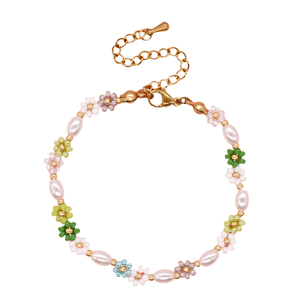 Hemasa Adjustable Stainless Steel Charm Flowers Beads Bracelet for Women /Girls