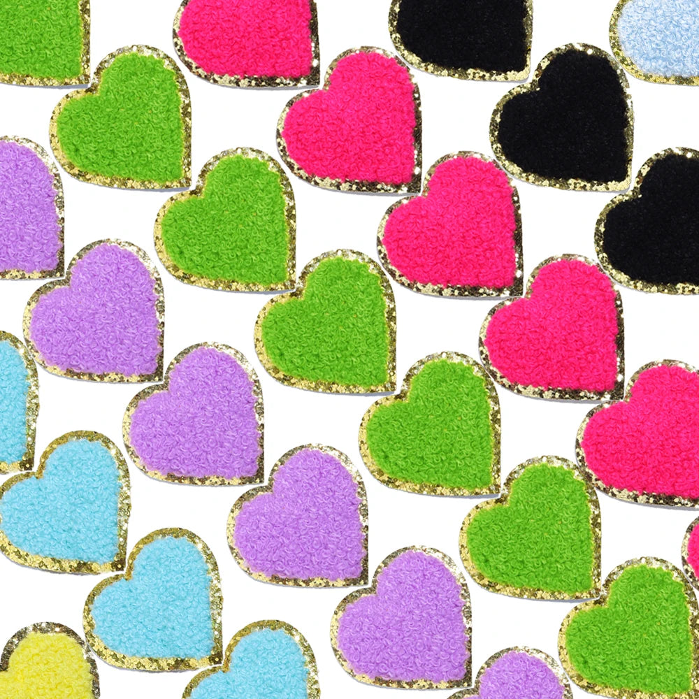 5Pcs/Lot Love Heart Wool Embroidery Patches Gold Glitter Edged Patches Iron On For DIY Crafts Sticker Bags Clothing Decoration