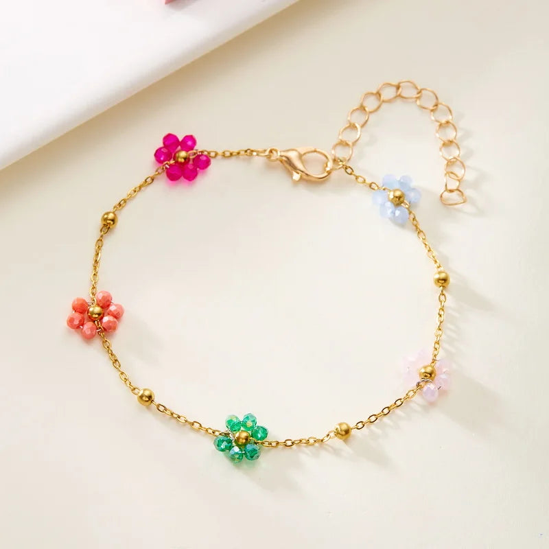 New Simple Colorful Crystal Flower Bracelet For Women Girls Korean Sweet Cute Gold Color Bracelets Best Friend Jewelry Gifts