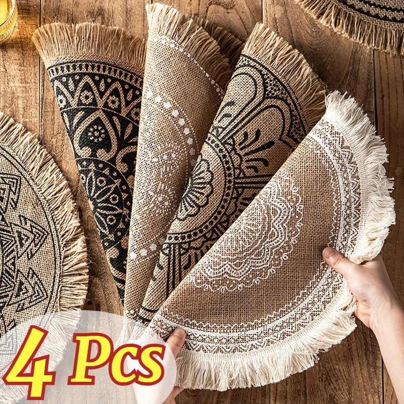 Hemsa 4pcs Bohemian Round Insulated Coaster  with Tassels