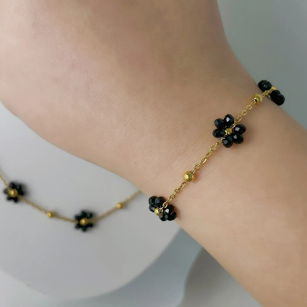 ALTERA Bohemia Handmade Black Crystal Flowers Charm Jewelry Set for Women Gold Plated Stainless Steel Beads Chain Jewelry Beach