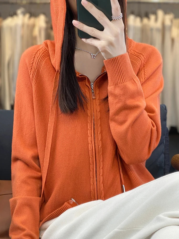 Hemasa Spring/Summer Hooded Cardigan Women's Knitted Top Loose Sweater Casual Color Double Zipper Cardigan Top