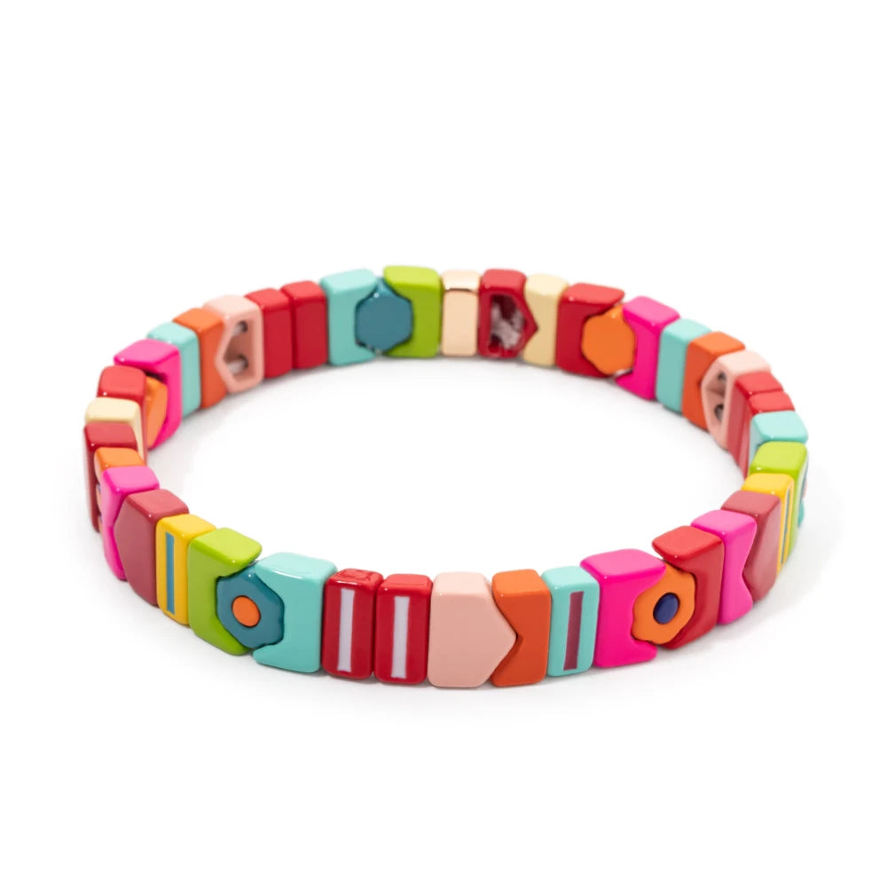 2023 New Design Enamel Bracelets For Women Multiple Shape Flower Charm Elastic Beads Bangle Handmade Jewelry