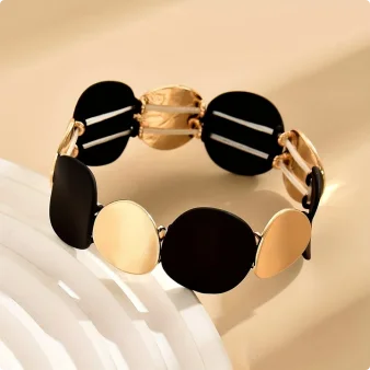 Fashionable Black Gold Contrast Color round Metal Spliced Elastic Line Bracelet European Style Hand Chain Hand Bracelet