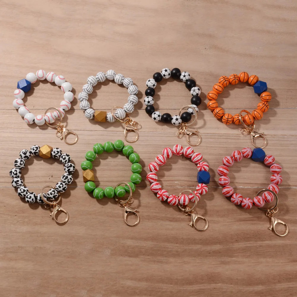 2024 New Fashion Ball Charm Bracelet Keychains for Women Girls Sports Bracelet Key Chain Wood Baseball Beads Wrist Keychain Gift