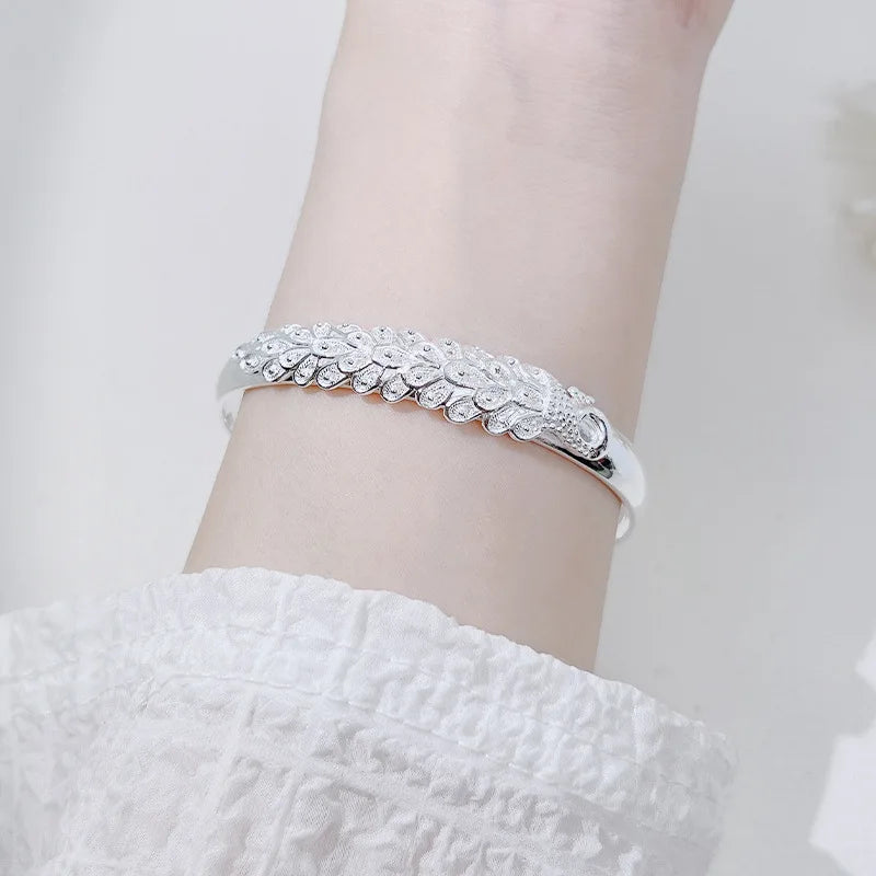 New 925 Sterling Silver Elegant Peacock Opening Screen Bracelet Bangles For Women Fashion Party Wedding Accessories Jewelry Gift
