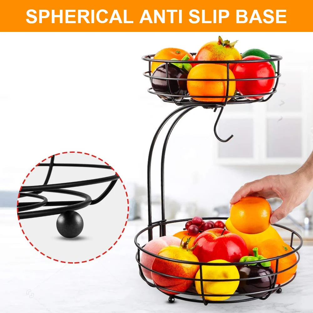 2-Tier Fruit & Veggie Basket Durable Storage Stand for Dining Tables with Hanger Option