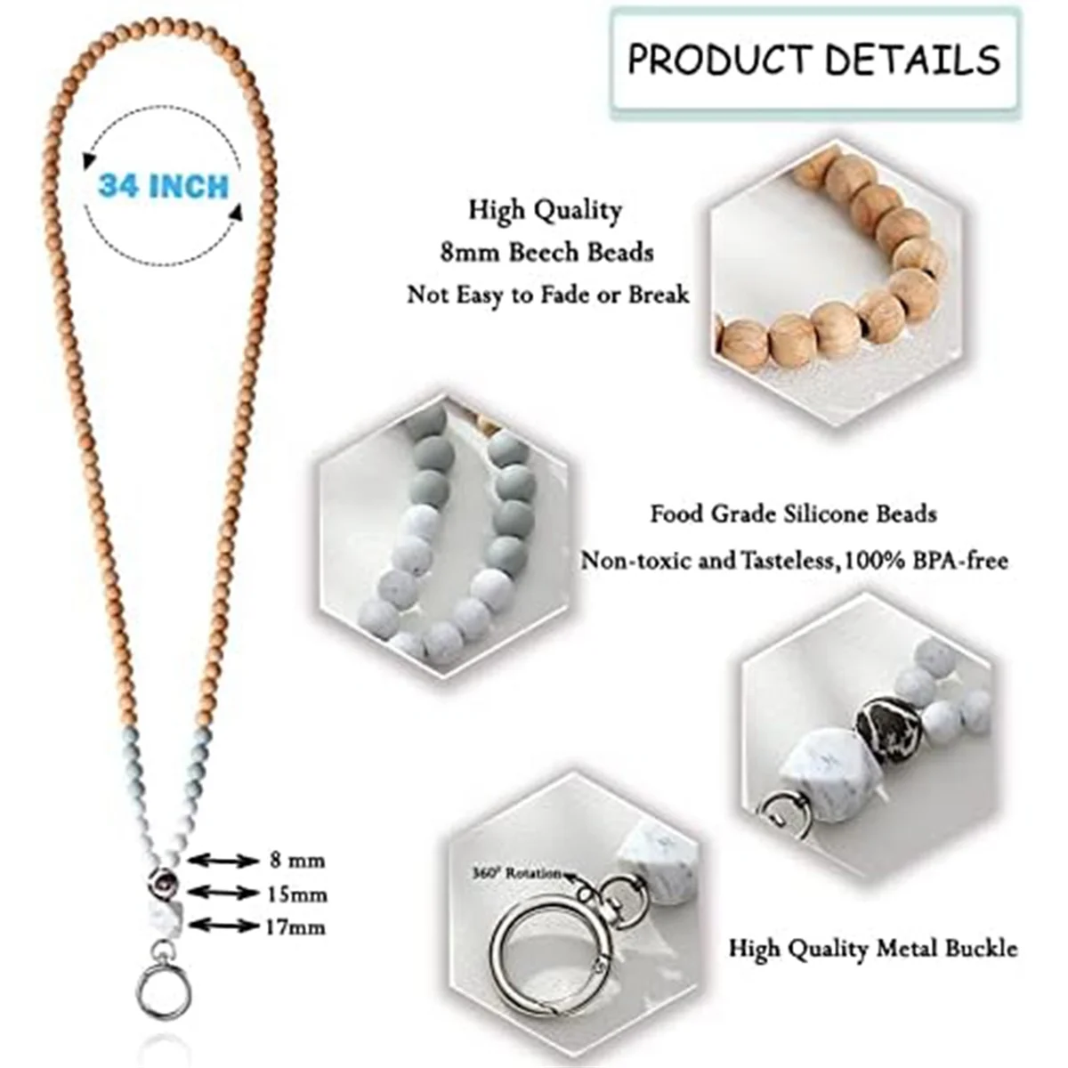 Hemasa ID Badge Key Lanyard Women's Cute Teacher Lanyard / Silicone Wood Bead Lanyard Necklace School Office Work Jewelry