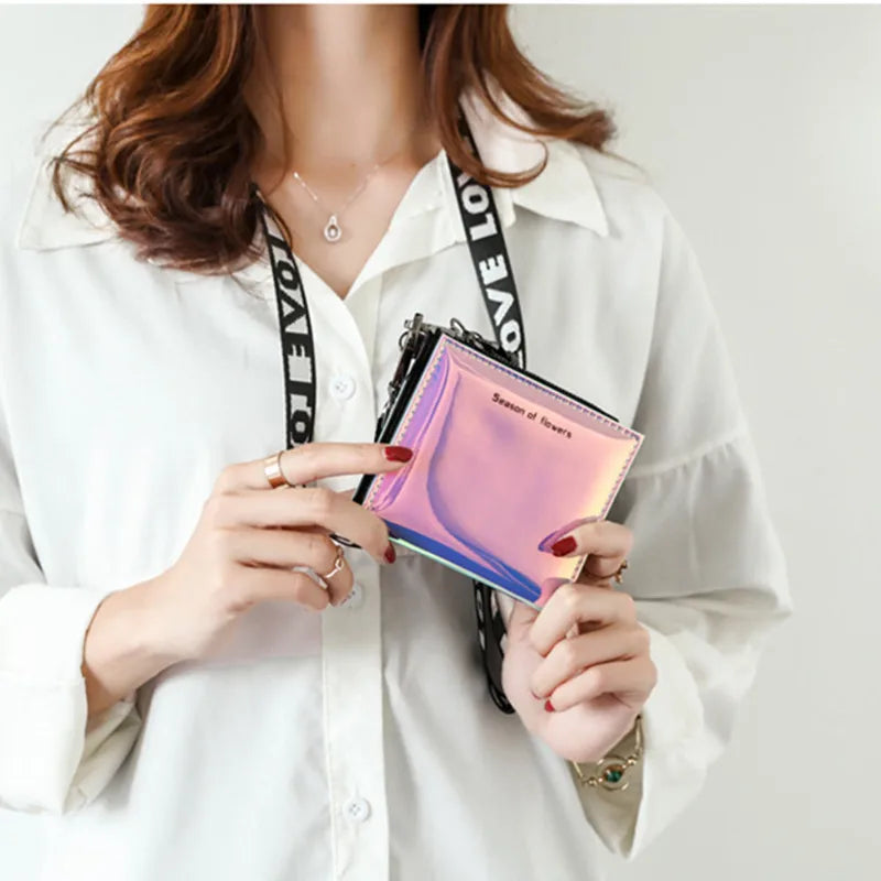 New Lanyard Laser Holographic Wallet Women Wallets Lady Short Purse Portfel Card Holder Women's Small Wallet Coin Purse Carteras